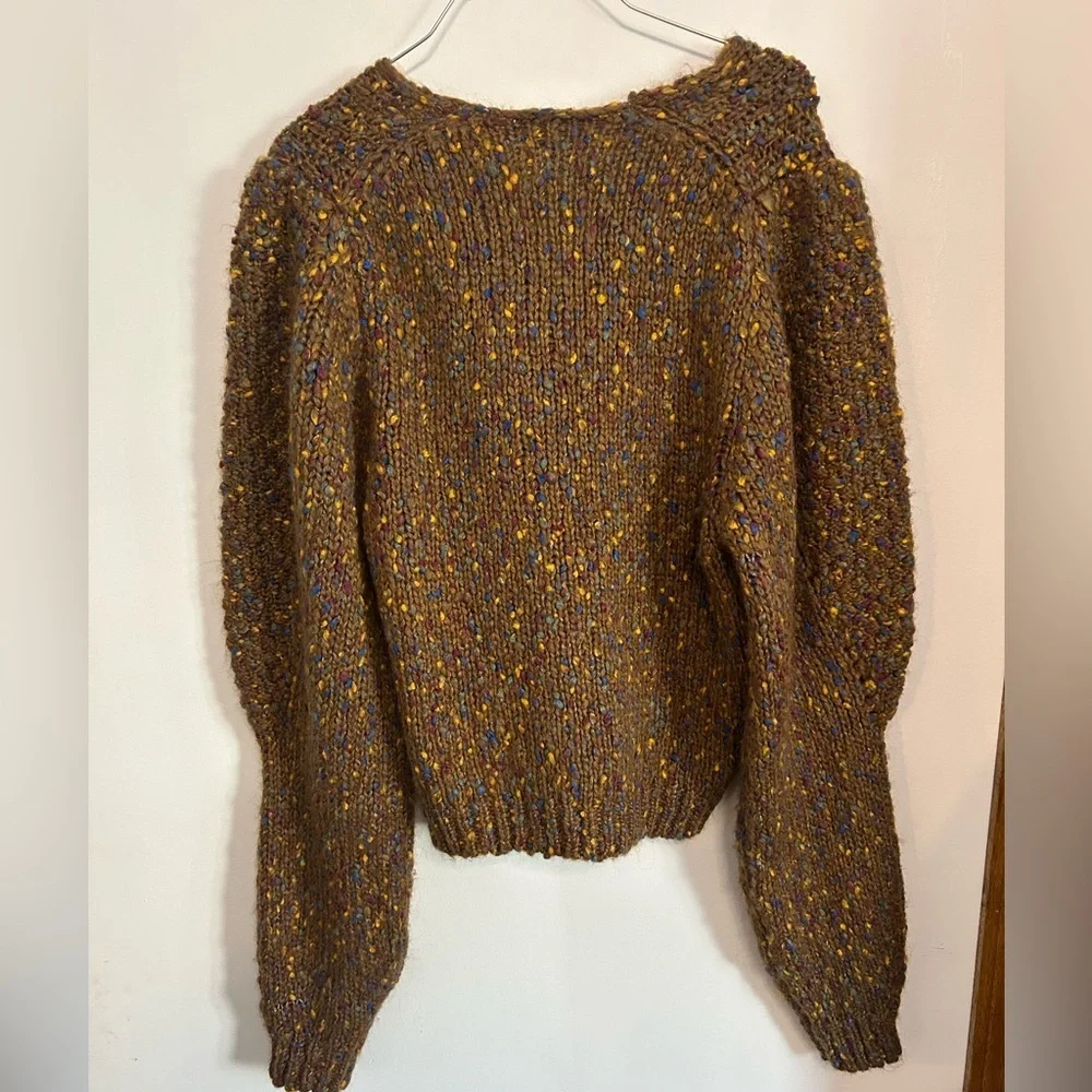 Zara Brown Multicolor V-Neck Sweater With Puff Sleeves - Picture 2 of 5